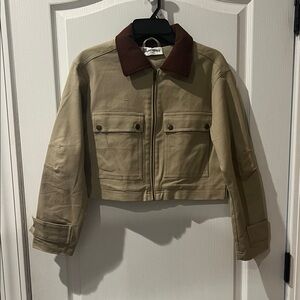 No Boundaries Tan Utility Jacket with Brown Collar